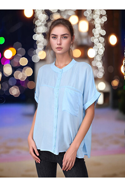 Cotton Mood 9363033 Vual Single Pocket Judge Collar Batwing Sleeve Shirt Blue