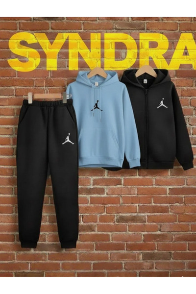 Syndra 3-Piece Winter Basketball Set (Zippered Sweatshirt, Blue Hoodie-Sweatp...