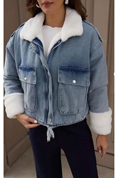 Mevalina Γυναικεία τζιν τζιν μπουφάν με λευκή γούνα