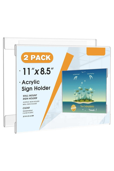 Slasa حامل لافتة أكريليك (11 × 8.5 بوصة) قطعتان بإطار عرض شفاف مثبت على الحائط أفقيًا