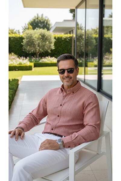 MEGALDİ Erkek Klasik Kesim Kendinden Desenli Turuncu Uzun Kollu Cepli Gömlek