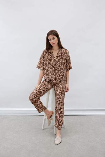 DeFacto Leopard Patterned Modal Fabric Trousers High Waist Straight Leg