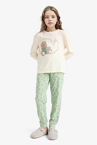 DeFacto Pyjama-Set für Mädchen, bedrucktes Langarm-Oberteil, gemustertes langes Unterteil F6219A825WN