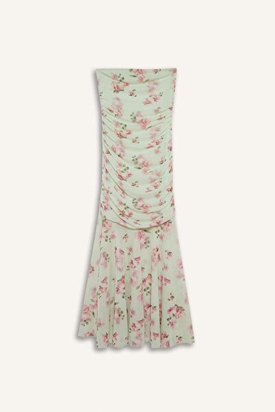 DeFacto Coool Bodycon Σώμα που αγκαλιάζει στράπλες φλοράλ στάμπα τούλι μάξι φόρεμα F5577AX25SM