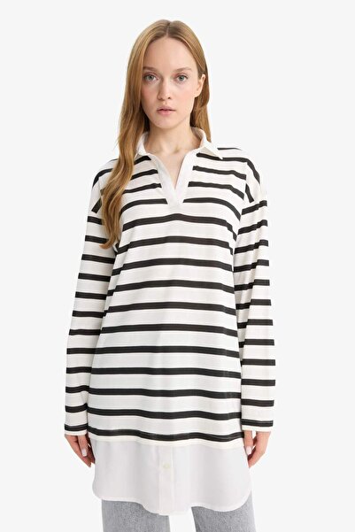 DeFacto Tričko s dlouhým rukávem Regular Fit s proužkovaným polo výstřihem a detailem na lemu D2183AX24AU