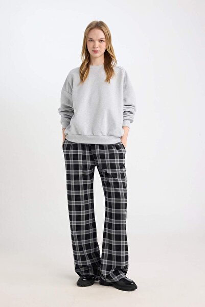 DeFacto Wide Leg Kumaş Pijama Pantolon Geniş Bol Paça Kareli Normal Bel Lastikli Cepli D9548AX24WN