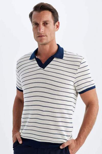 DeFacto Regular Fit Polo Neck Striped Knitwear Short Sleeve T-Shirt C4150Ax24Sm