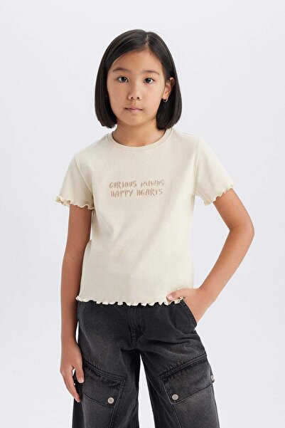 DeFacto Dívčí Slim Fit Slim Fit Crew Neck Potištěná žebrovaná košilka Tričko s krátkým rukávem B6689A824SM