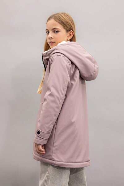 DeFacto Girls' Water Repellent Hooded Faux Fur Lined Long Raincoat C5229A824Au