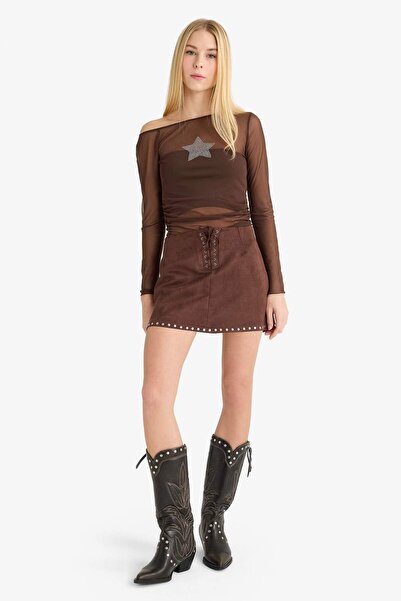 DeFacto Coool Fitted Crew Neck One Shoulder Tulle Long Sleeve T-Shirt G2924Ax25Wn