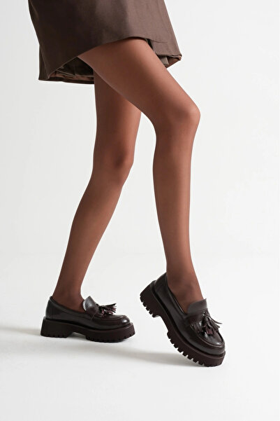 Miss Mitto Жіночі кавові штучні шкіряні елегантні туфлі-лофери з товстою підошвою та пишними бахромами