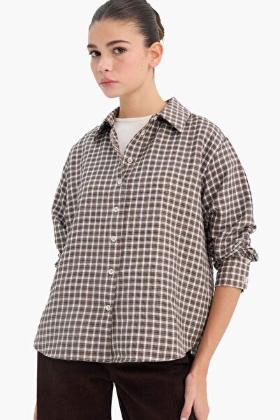 DeFacto Afra x oversized Μακρυμάνικο πουκάμισο με μεγάλο σχέδιο Gingham Poplin G1092AX25AU