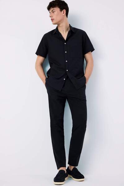 DeFacto 100% Cotton Regular Fit Summer Polo Collar Linen Look Short Sleeve Shirt D7551Ax25Sp