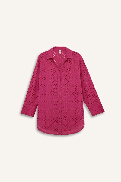 DeFacto Fall in Love Βαμβακερό κεντημένο ροζ πουκάμισο παραλίας C0506AX24SM