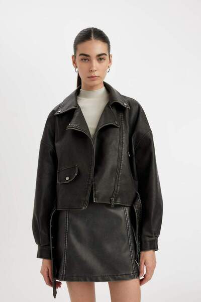 DeFacto Αδιάβροχο τζάκετ από συνθετικό δέρμα Παλτό με διπλό γιακά με φερμουάρ και τσέπη ζώνη αντίκα εποχιακή C1135AX24AU