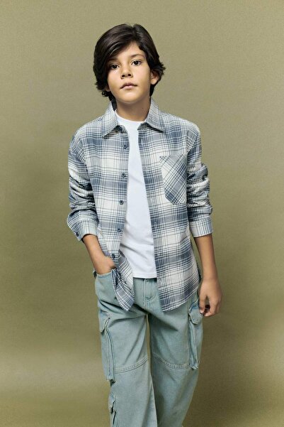 DeFacto Πουκάμισο με μακρυμάνικο φανελένιο καρό γιακά πόλο για αγόρια με φαρδύ κορδόνι G3463A825WN