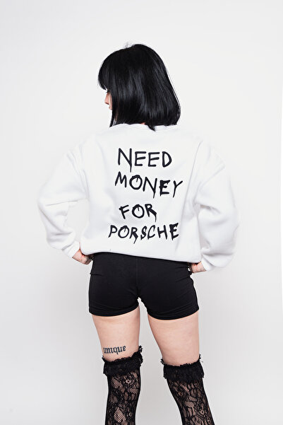 Sokak Butik Need Money For Porsche مطبوع سويت شيرت نسائي أبيض بدون قلنسوة قصة...
