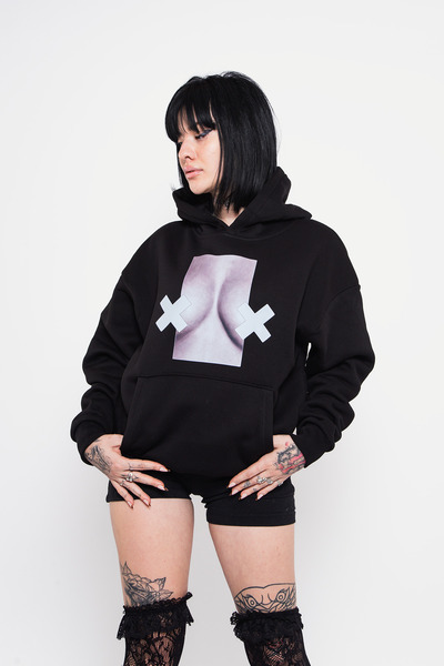 Sekizbiraltı Μπλούζα με κουκούλα με στάμπα Send Nudes, Oversize, Unisex, Μαύρη