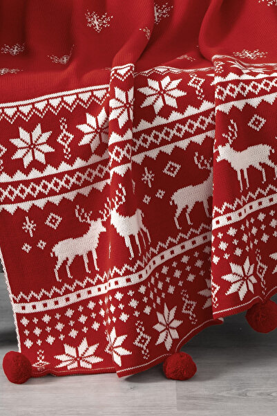 Sevim Сніжинка Детальний в'язаний трикотажний плед з помпонами – Новорічний подарунок – 130x170 см – Червоний