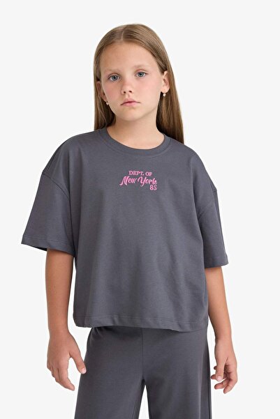 DeFacto Girls' 2-Piece Set Short Sleeve Printed T-Shirt Elastic Waist Long Bottom F5035A825Au