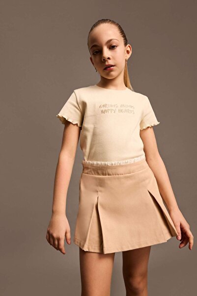 DeFacto Dívčí Slim Fit Slim Fit Crew Neck Potištěná žebrovaná košilka Tričko s krátkým rukávem B6689A824SM