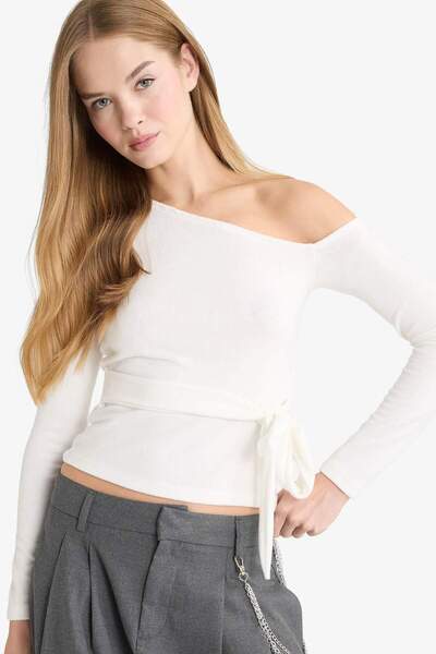 DeFacto Fitted One Shoulder Tie Detail Long Sleeve Blouse G3669Ax25Wn