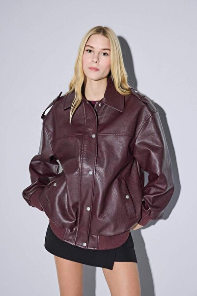 DeFacto Dad Fit Polo Collar Zippered Faux Leather Coat F4757Ax25Wn