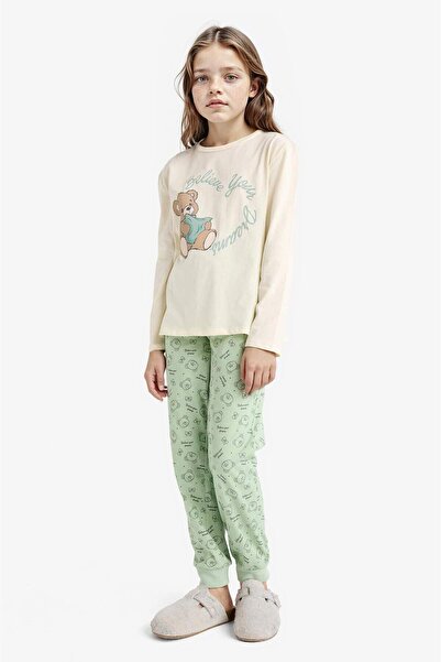 DeFacto Pyjama-Set für Mädchen, bedrucktes Langarm-Oberteil, gemustertes langes Unterteil F6219A825WN