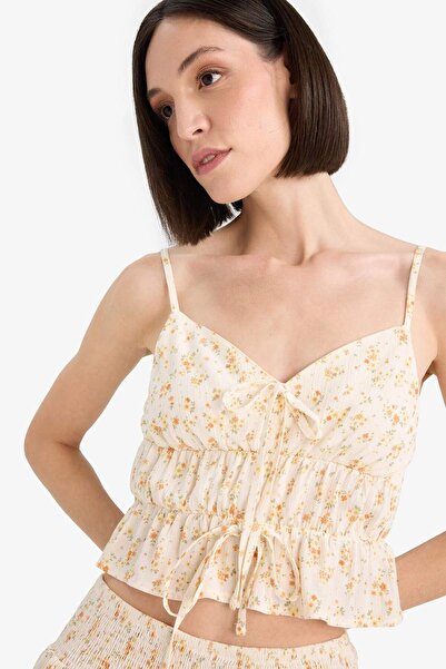 DeFacto Μπλούζα με λουλουδάτο λουλουδάτο σχέδιο με κορδόνια με υφή F5135AX25SM