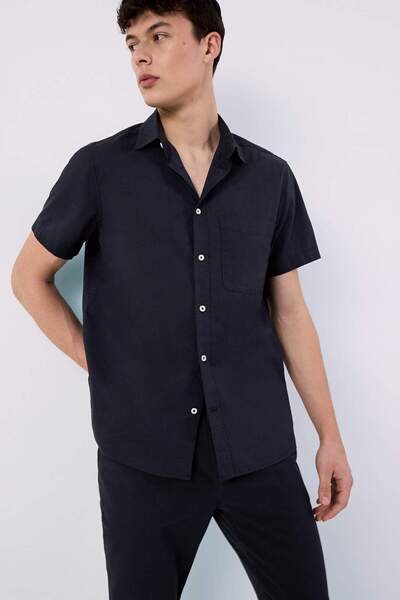 DeFacto 100% Cotton Regular Fit Summer Polo Collar Linen Look Short Sleeve Shirt D7551Ax25Sp