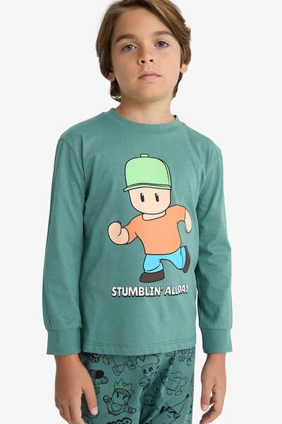 DeFacto Stumble Guys-Pyjama-Set für Jungen, langärmliges Oberteil, langer Unterteil, F5176A825AU