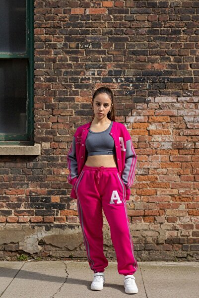 Cansın Mini Φούξια Written College Jacket Κοριτσίστικο ριγέ 3 κλωστών ανοιχτόχρωμο σετ αθλητικής φόρμας 21297