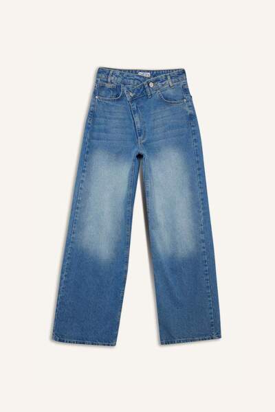 DeFacto Dlouhé kalhoty s vysokým pasem, širokými nohavicemi a s efektem praní F5523AX25AU