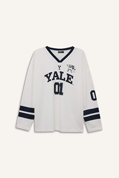DeFacto Coool Yale University Regular Fit V-Ausschnitt Langarm-T-Shirt F9520AX25AU