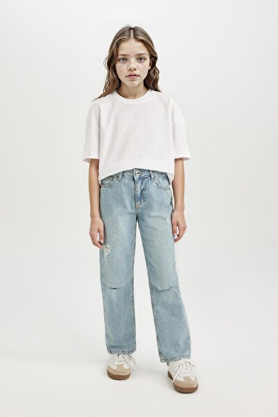 DeFacto Pantaloni de blugi pentru fete, cu picioare drepte, rupte, cu buzunare D3370A824WN