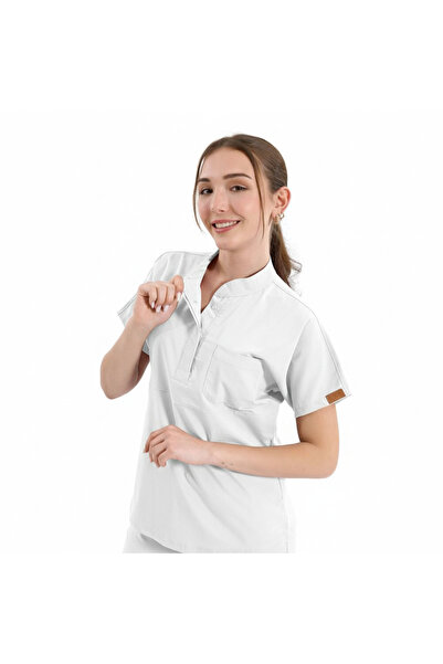 Brl Üniforma زي جراحي أبيض للطبيب والممرضة من قماش قابل للتمدد هاكيم مزود بزر...