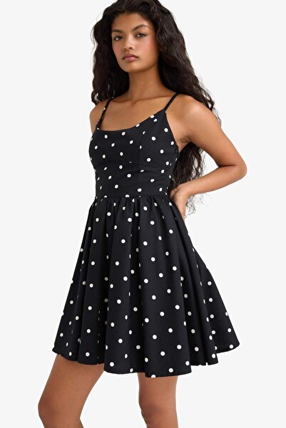 DeFacto Crew Neck Poplin Strap Mini Polka Dot Dress F9251Ax25Au