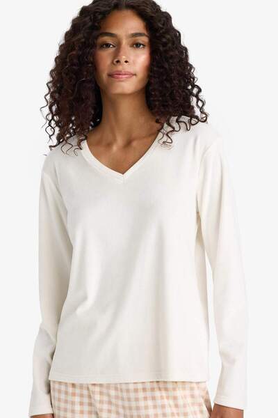 DeFacto Σετ πιτζάμες Regular Fit Μακρυμάνικο βελούδινο μπλουζάκι με καρό μακρύ πάτο-Fall in Love E7278AX25AU