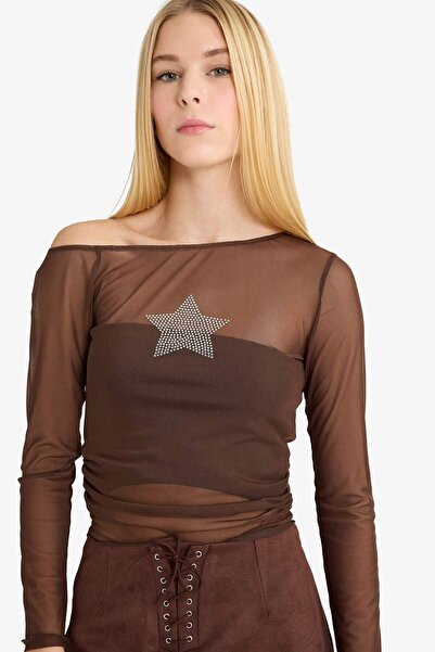 DeFacto Coool Fitted Crew Neck One Shoulder Tulle Long Sleeve T-Shirt G2924Ax25Wn