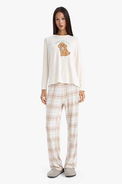 DeFacto Σετ πιτζάμες Regular Fit με τύπωμα Μακρυμάνικο μπλουζάκι με καρό μακρύ πάτο-Fall in Love G1353AX25AU