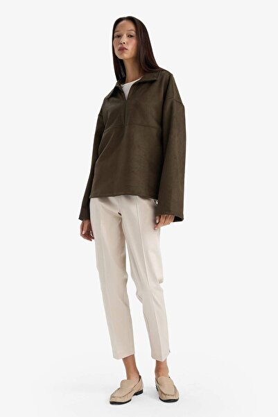 DeFacto Oversized Wide Fit Polo Neck Suede Long Sleeve T-Shirt G6218Ax25Wn