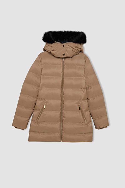 DeFacto Water Repellent Long Coat Parka Thermal Insulated Belt Hooded Faux Fur Lightweight A1218Ax23Wn