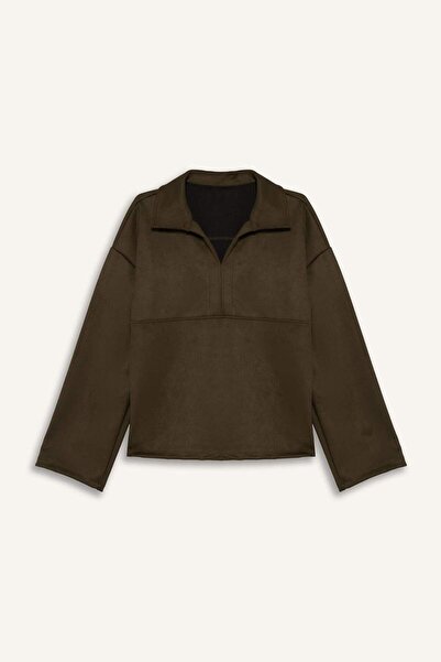 DeFacto Oversized Wide Fit Polo Neck Suede Long Sleeve T-Shirt G6218Ax25Wn