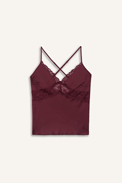 DeFacto Regular Fit V Neck Lace Detailed Strap Satin Top-Fall in Love G1670Ax25Au