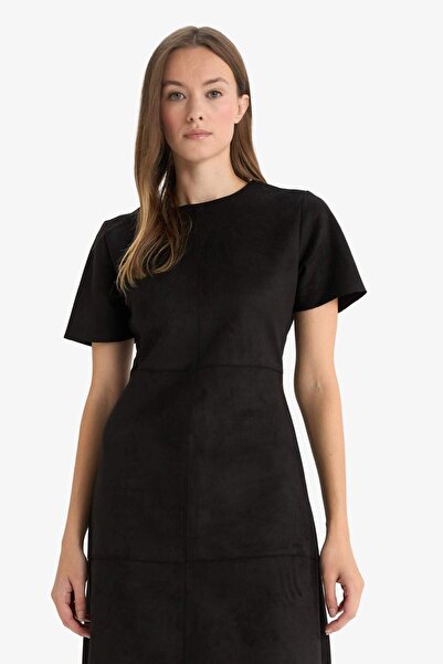 DeFacto A-Line рокля с кръгла яка, къс ръкав и дължина до коляното, от велур G1130AX25WN