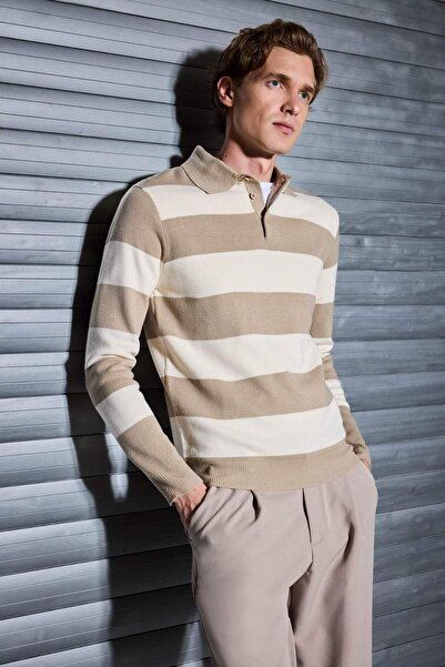 DeFacto Standard Fit Polo Neck Buttoned Color Block Knitwear Sweater Y4194Az25Wn