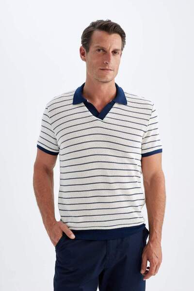 DeFacto Regular Fit Polo Neck Striped Knitwear Short Sleeve T-Shirt C4150Ax24Sm
