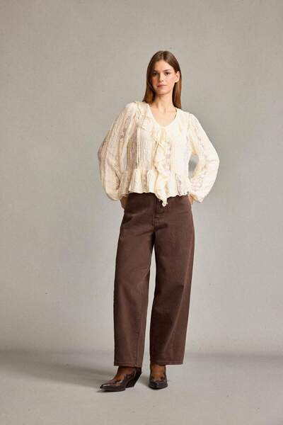 DeFacto V-Neck Front Tie Flounced Lace Blouse F9717Ax25Sm