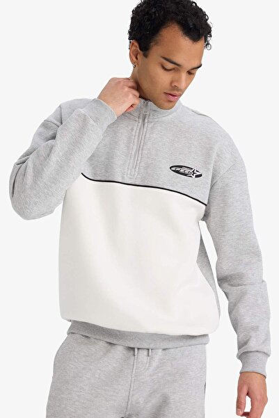 DeFacto Bedrucktes, dickes Sweatshirt mit kastigem Schnitt, Stehkragen und halbem Reißverschluss F3825AX25WN