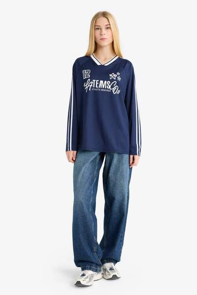 DeFacto Μακρυμάνικο μπλουζάκι με στάμπα με λαιμόκοψη σε σχήμα V Coool Oversize F8752AX25AU